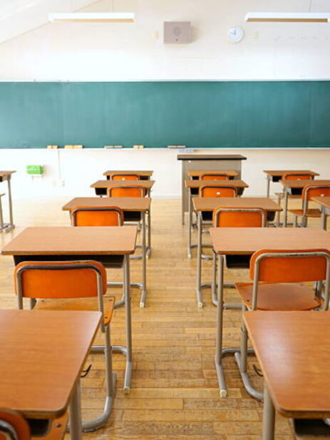 School classroom with school desks and blackboard in Japanese high school