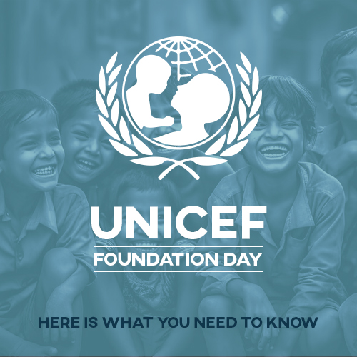 Unicef logo - a mother carrying a child which a background of children smiling.