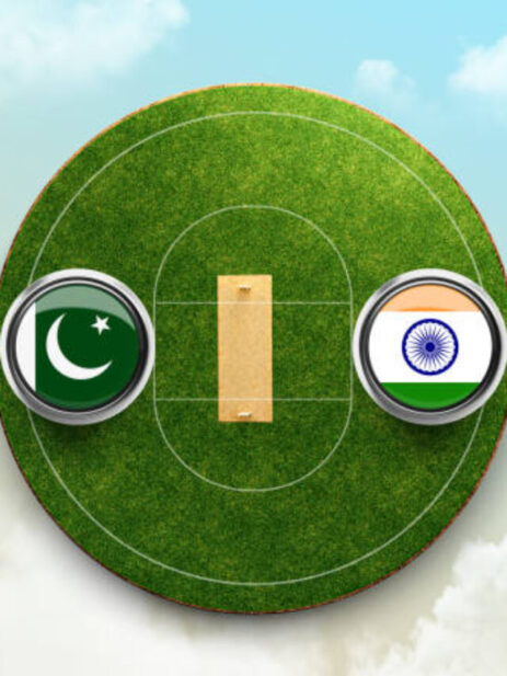 India vs Pakistan cricket flag with Button Badge on stadium 3d illustration